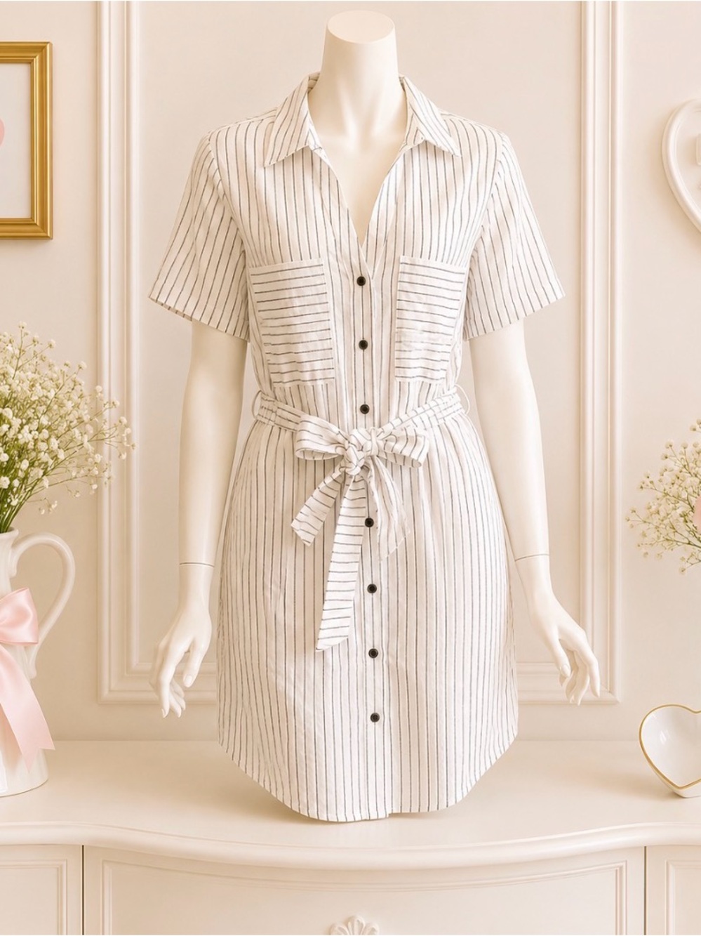 NWT 1. State black and white striped button down shirt dress size small